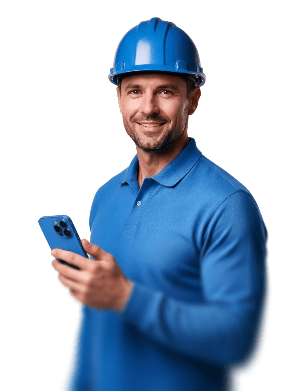 Prestador de serviço de capacete azul usando o Rapidocs no celular